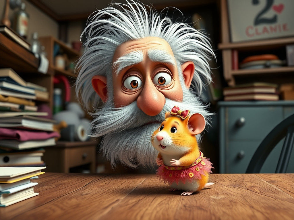 Elderly Man Astonished by Hamster in Whimsical 3D Style