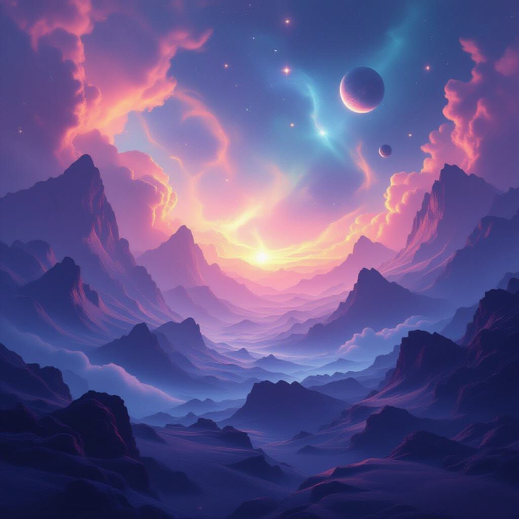 Surreal Nebula Landscape with Geometric Forms