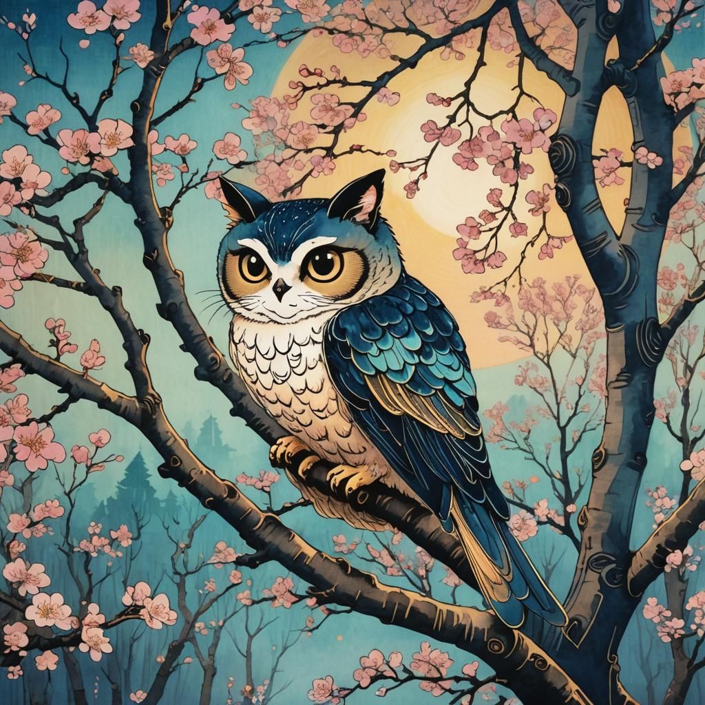 Cute Animal in Forest: Japanese Woodblock Style