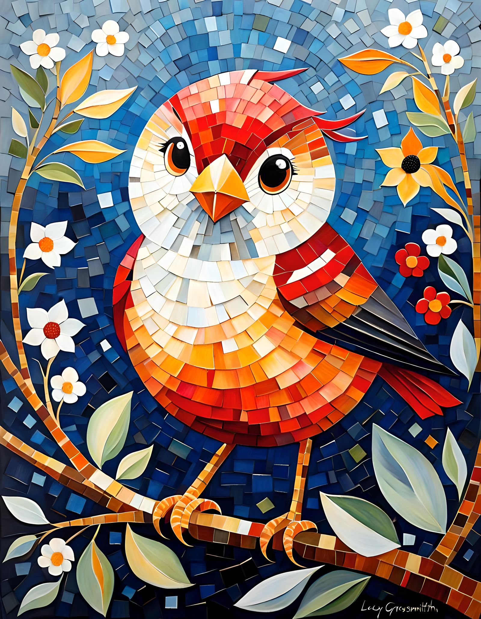 Mosaic Cubism: Adorable Red Baby Bird