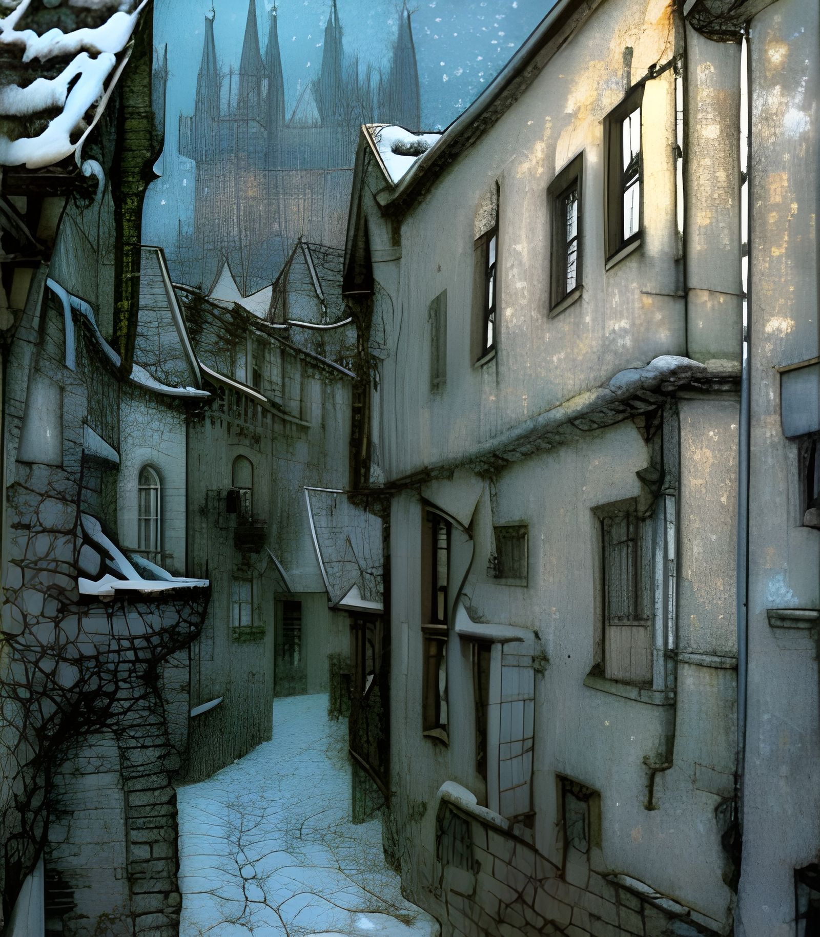 Winter Village Street at Night: Fantasy Illustration
