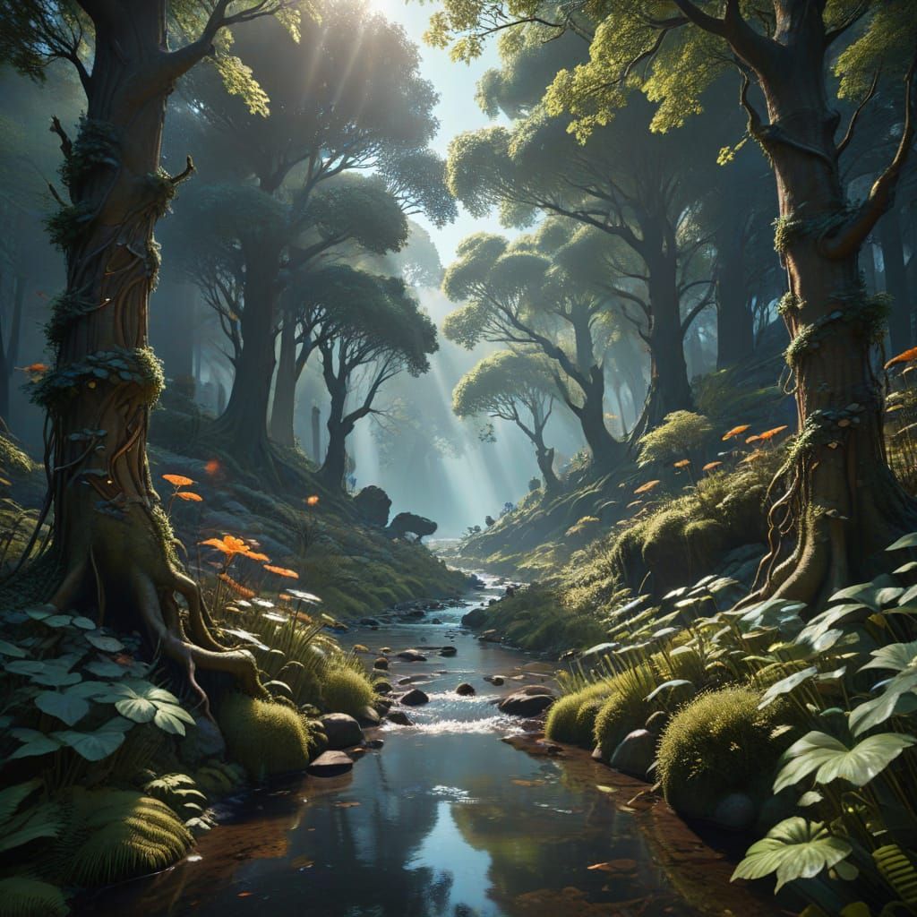 Serene Art Nouveau Forest with Mystical Stream and Fantastic...