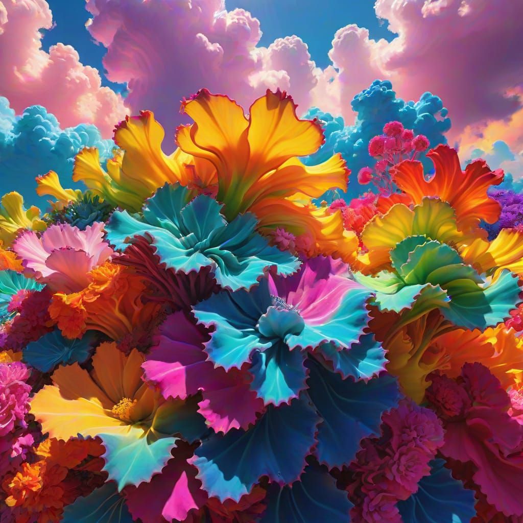 Psychedelic Neon Geometric Design with Flowery Elements