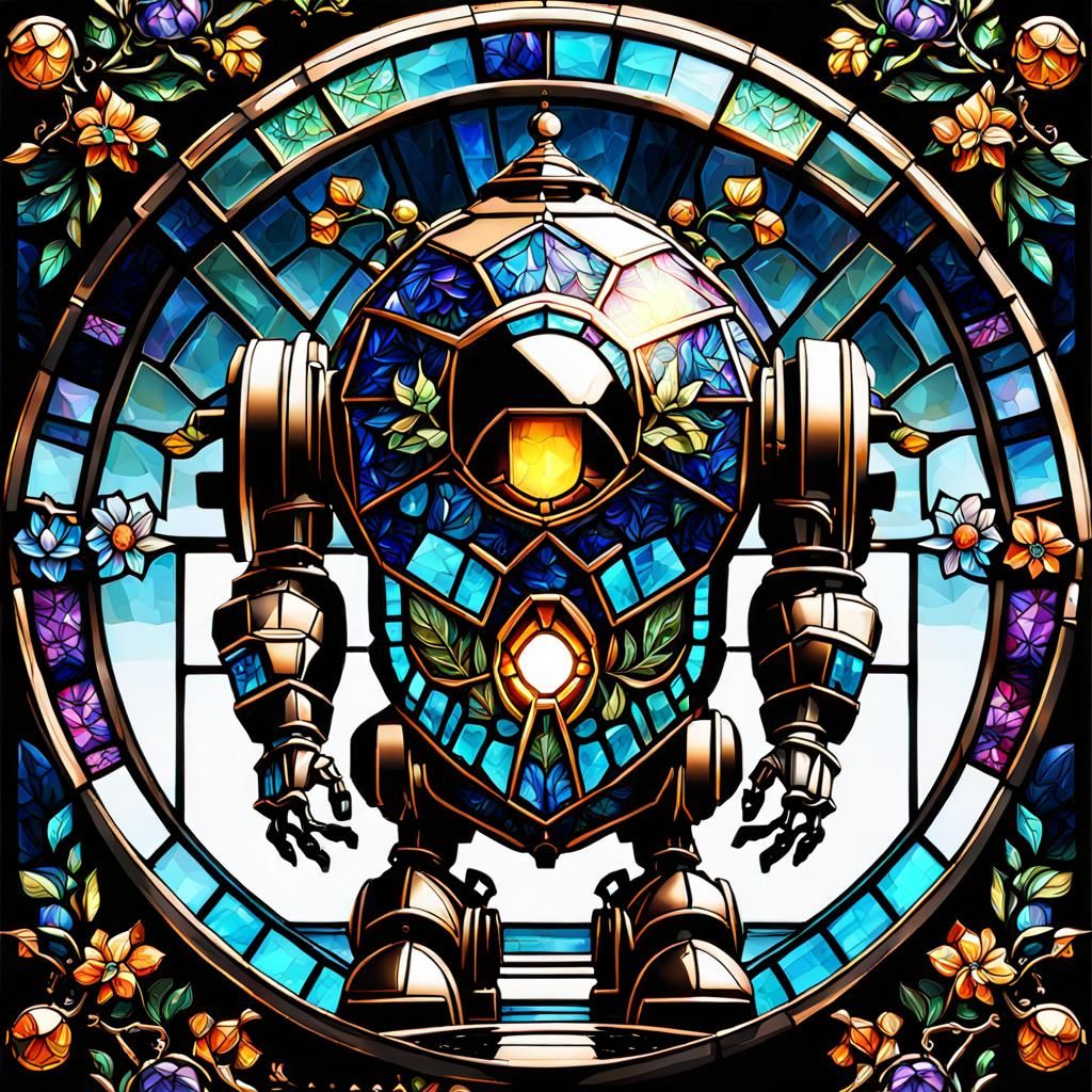 Vibrant Stained Glass Robot in Enchanted Garden