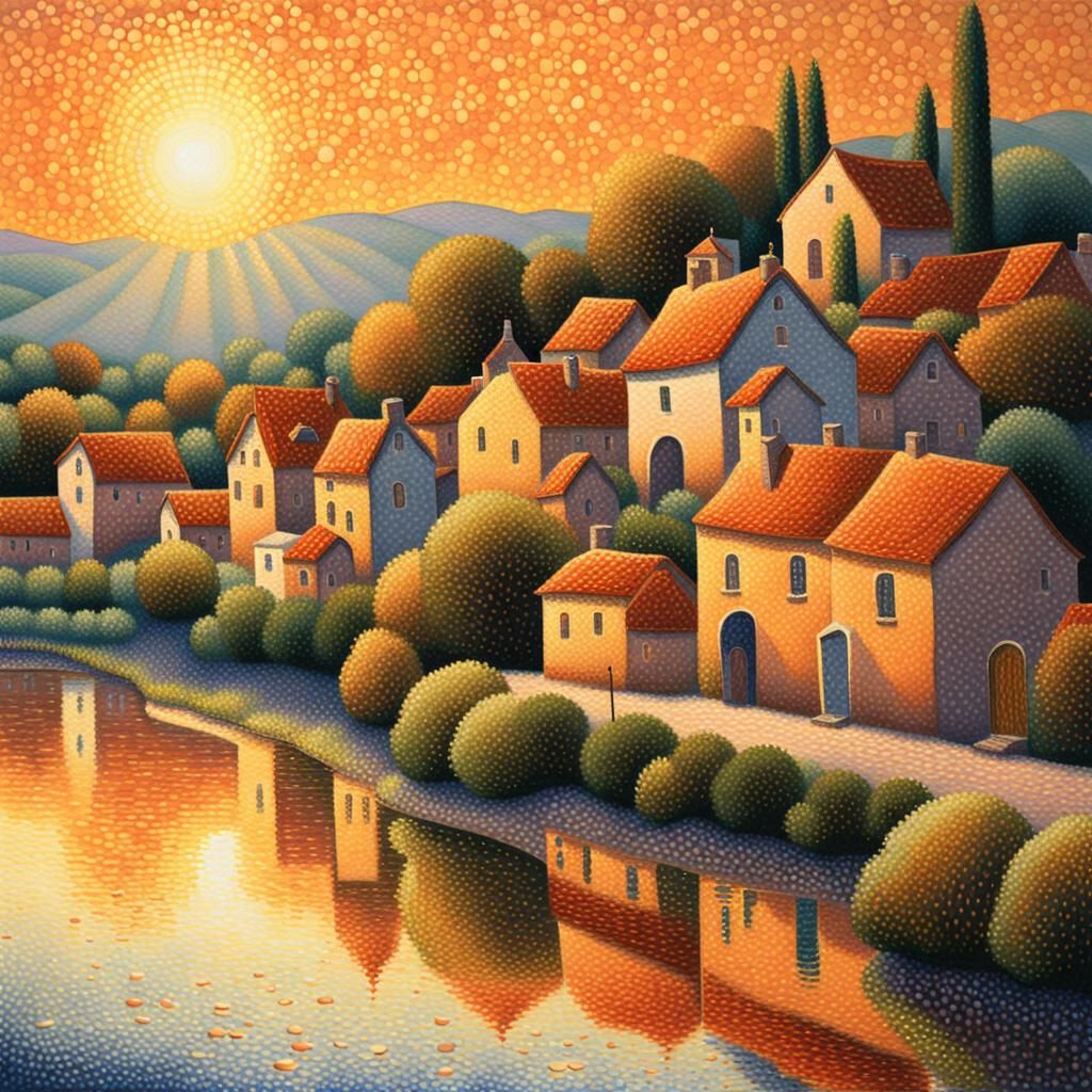 Golden Hour Village: A Pointillist Landscape