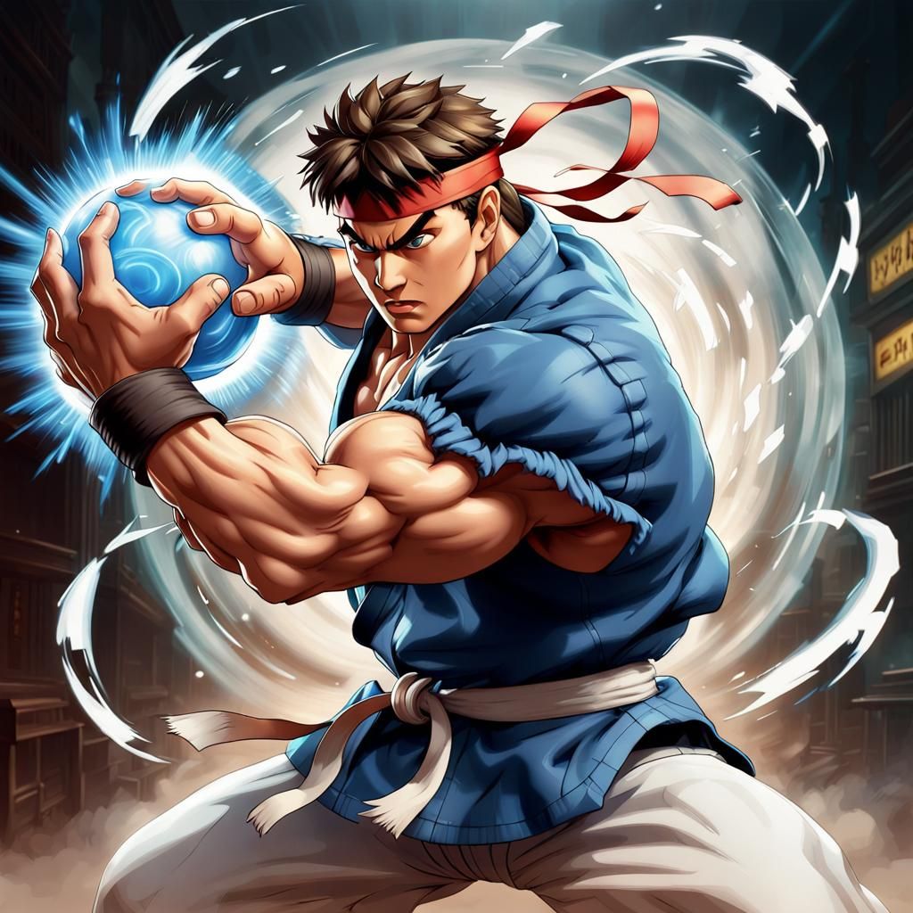 Ryu Unleashes Epic Hadouken Blast in Cyberpunk Style