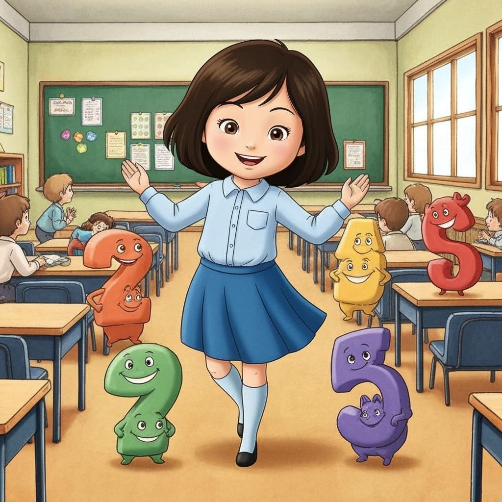 Girl Dances with Numbers in Whimsical Classroom