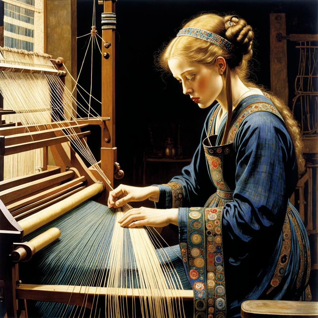 Intricate Weaving Scene in Art Nouveau Style