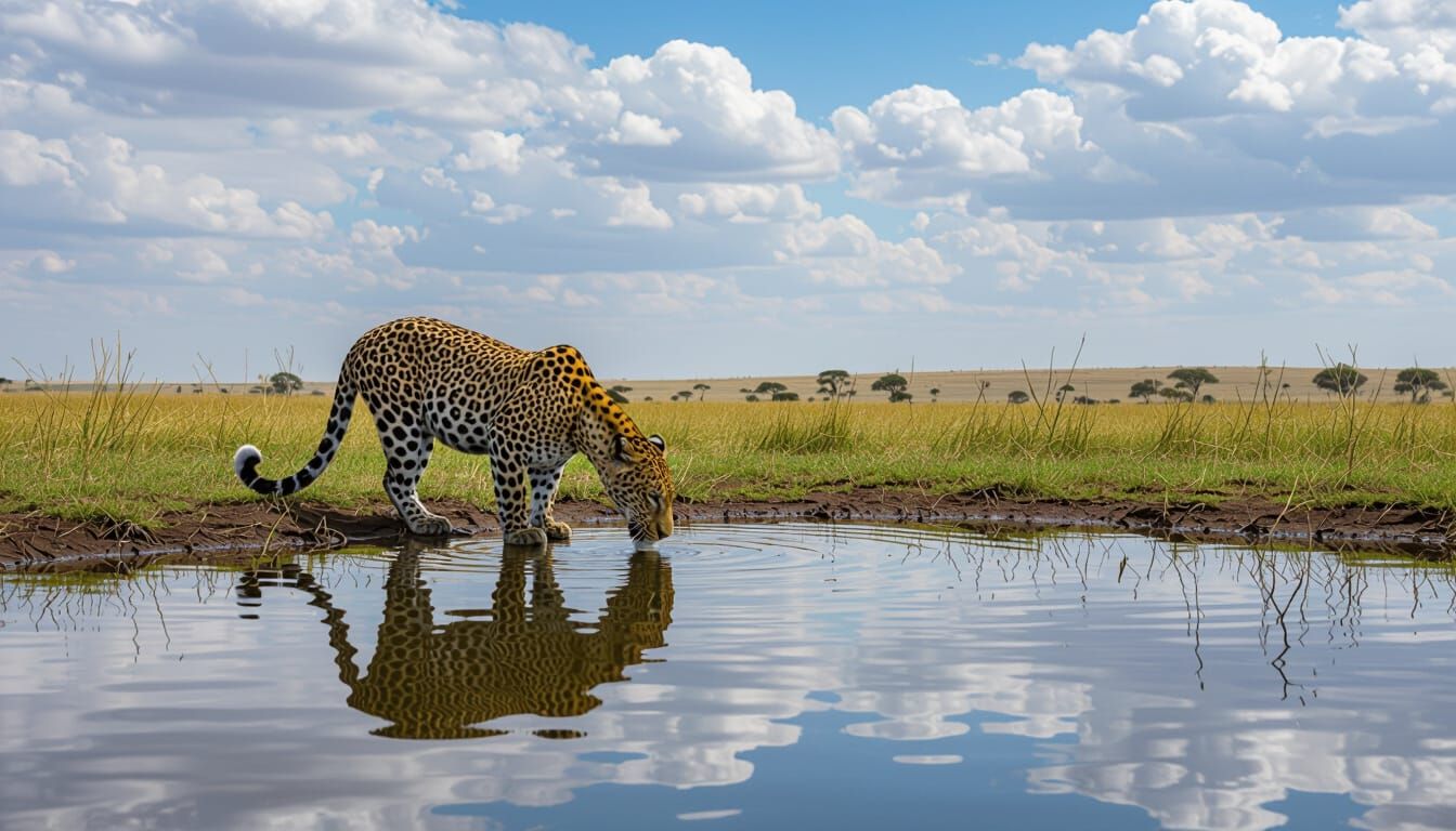 Lone Leopard Drinks in Vast Serengeti Landscape