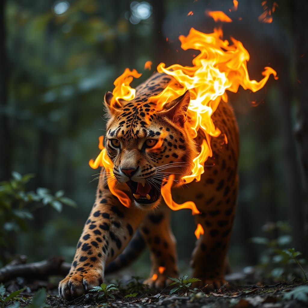 Fiery Feline Ablaze in Forest