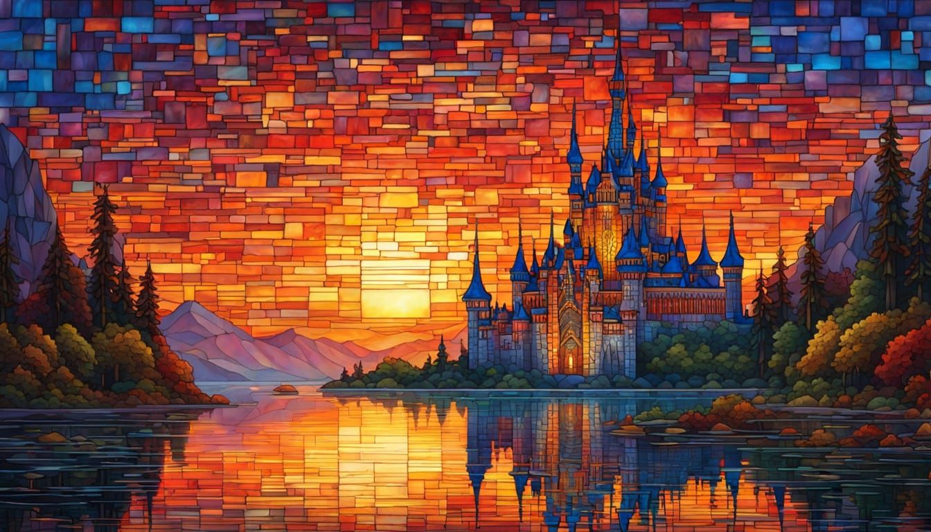 Fantasy Castle at Dawn in Stained Glass Style