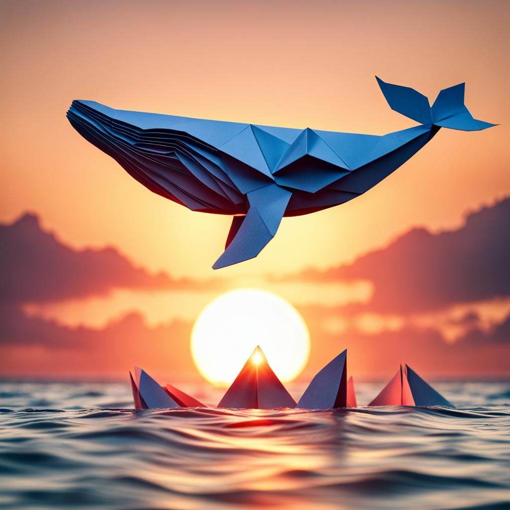 Whale Leaps at Sunset: Origami Papercraft Style