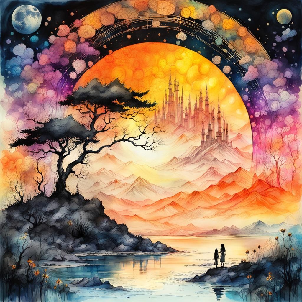Surreal Fantasy Landscape in Fluorescent Watercolor