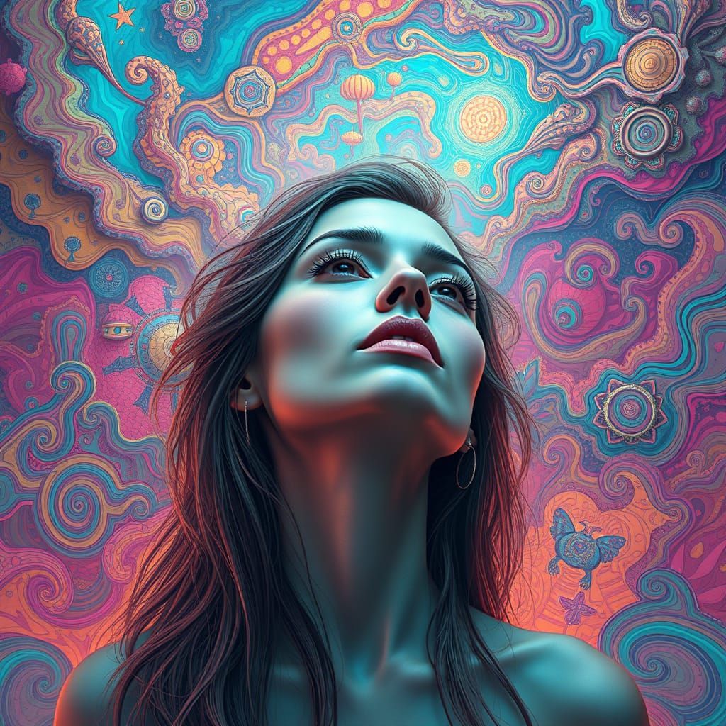 Dreamlike Woman in Psychedelic Surreal Landscape