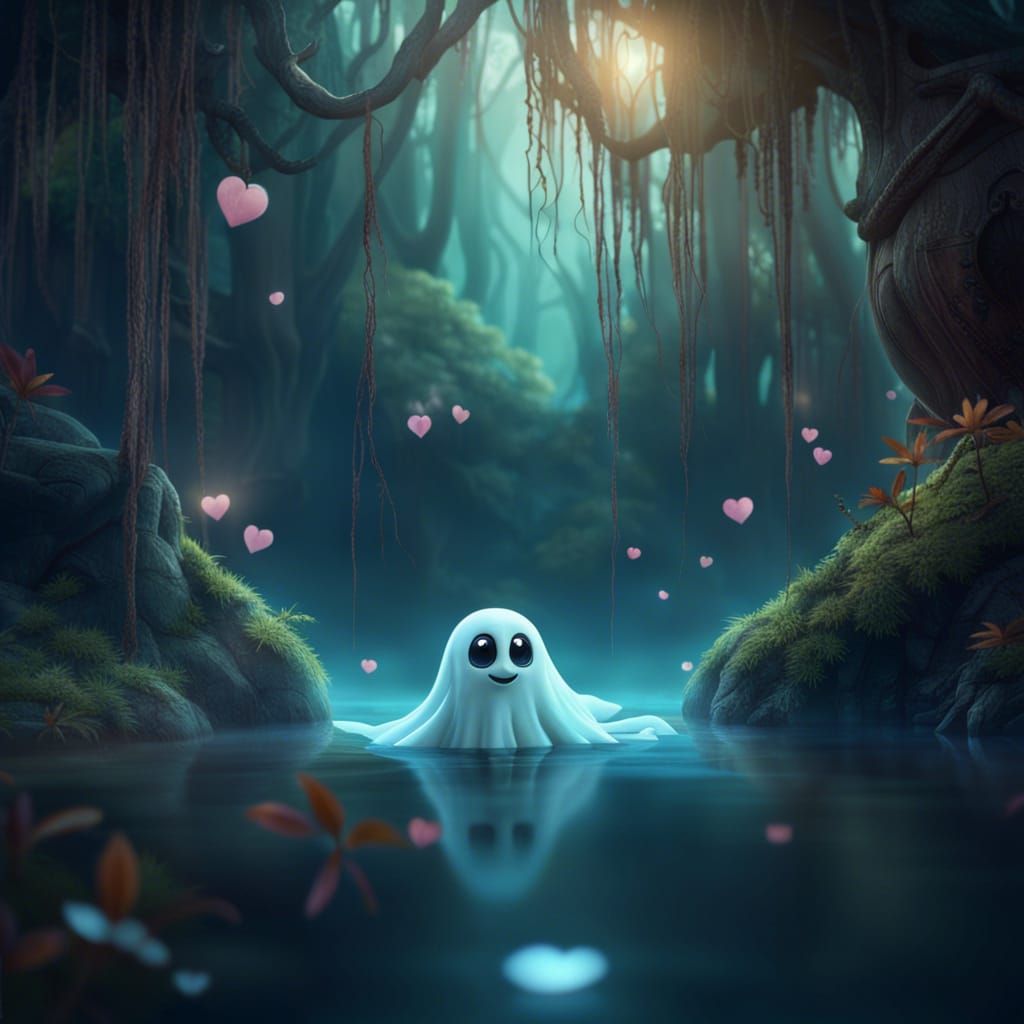 "A cute animal ghost with big ‘love me’ eyes in a magical forest water setting in the steal of fantasy realism