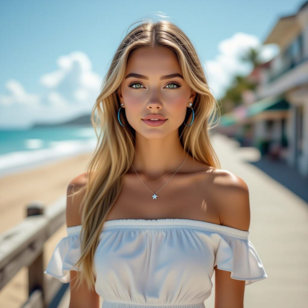 Blonde Woman on Boardwalk in Photorealistic Style