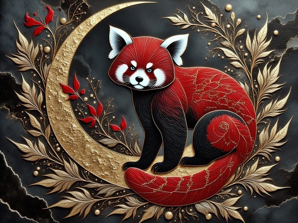 Luxurious Red Panda in Gold Leaf Embellishments on Obsidian...