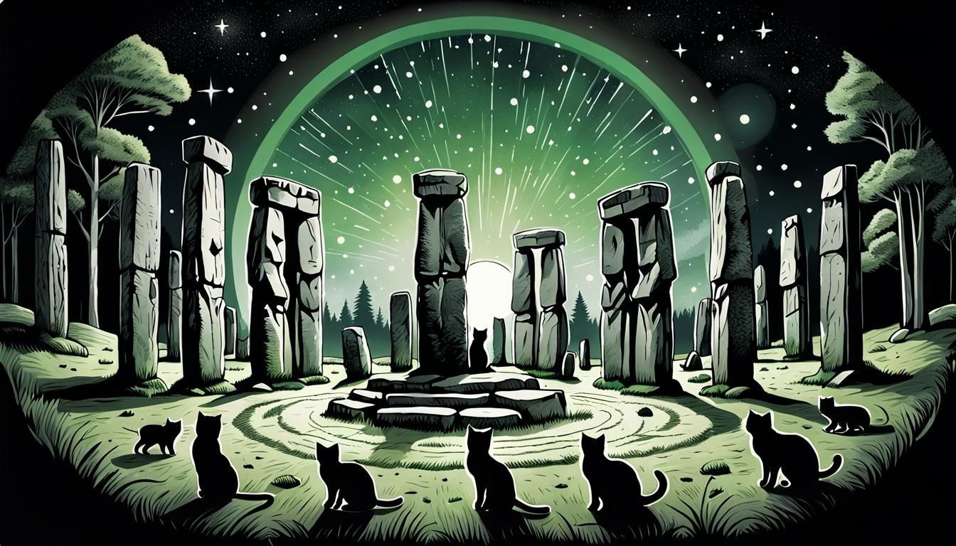 Kittens Worship Catnip Plant at Stonehenge: Pen Drawing