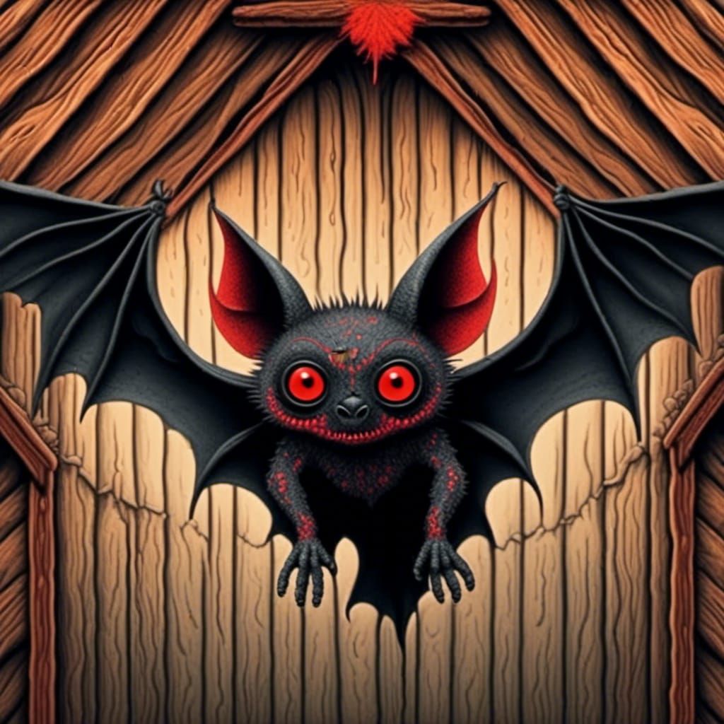 Bat with Glowing Eyes in Barn, Photorealistic Style