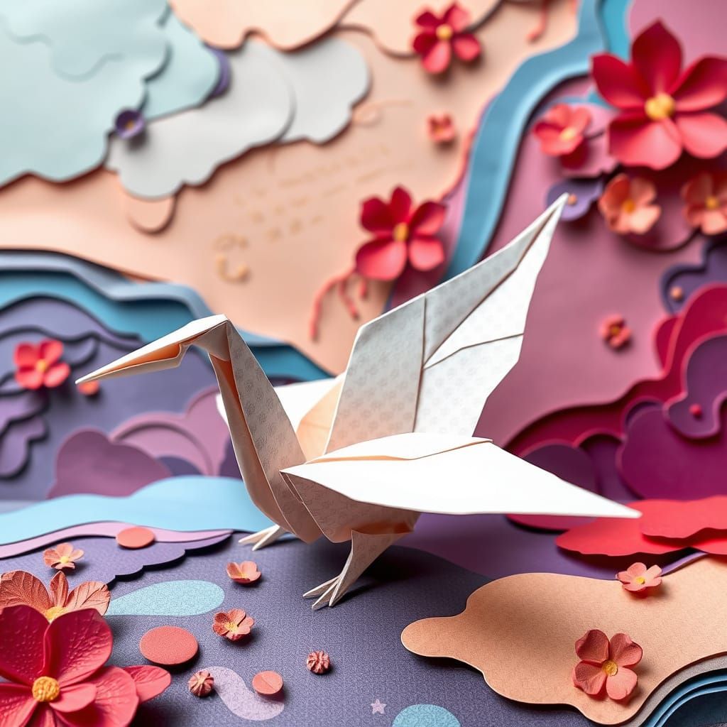 Whimsical Origami Crane on Papercraft Background