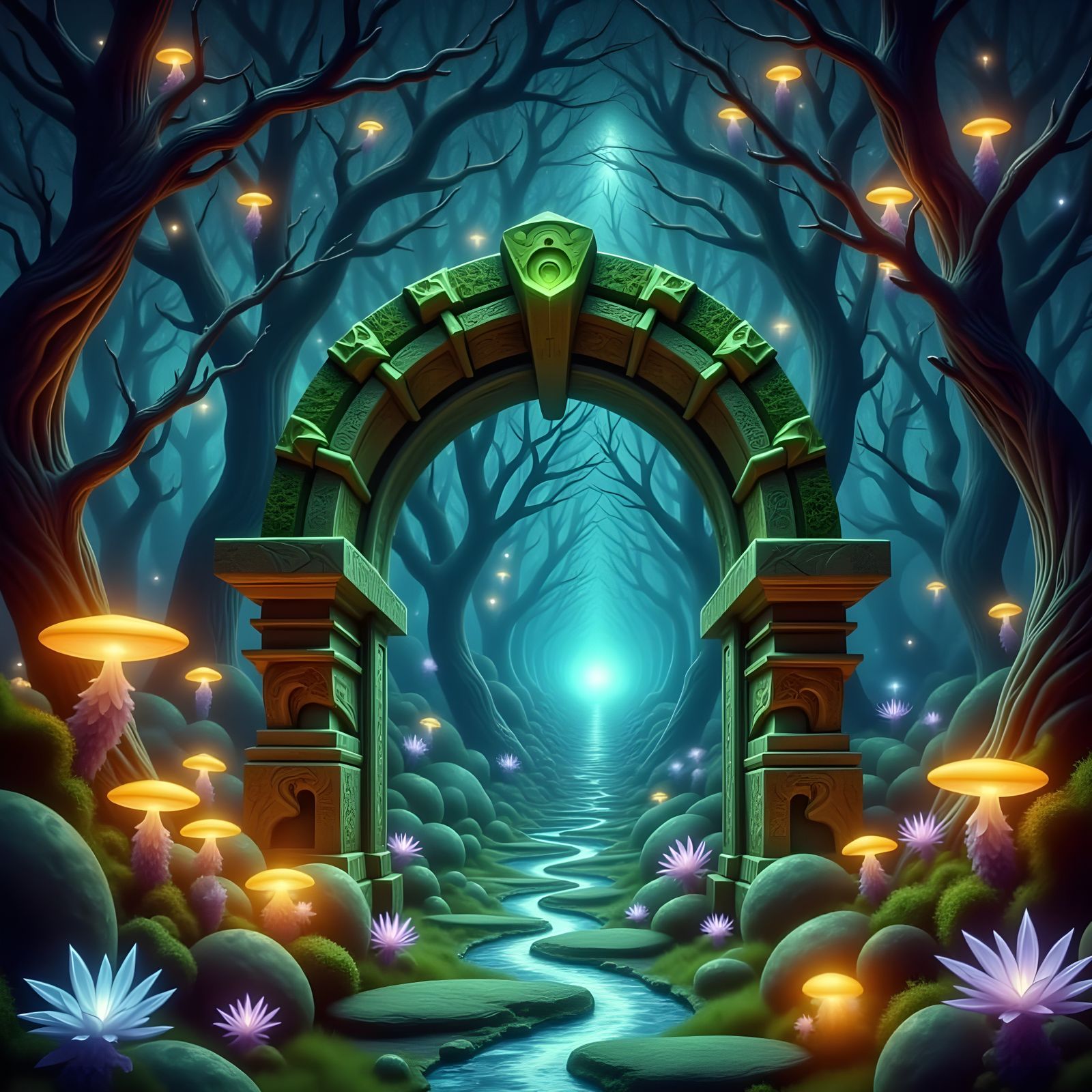 Ancient Archway in Bioluminescent Forest
