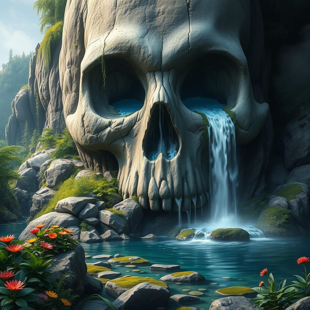 Majestic Skull Mountain Erupts with Crystal Clear Waterfall