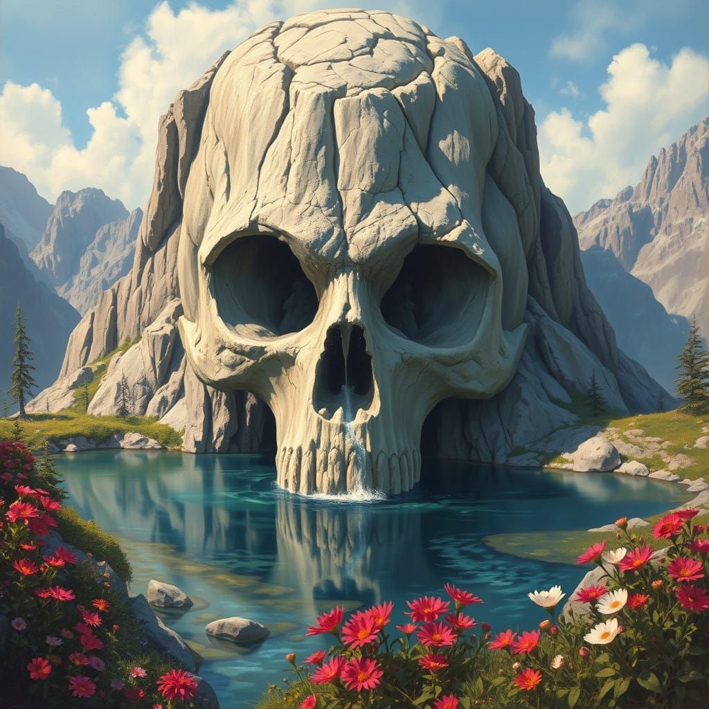 Majestic Skull Mountain with Serene Waterfall and Vibrant Fl...