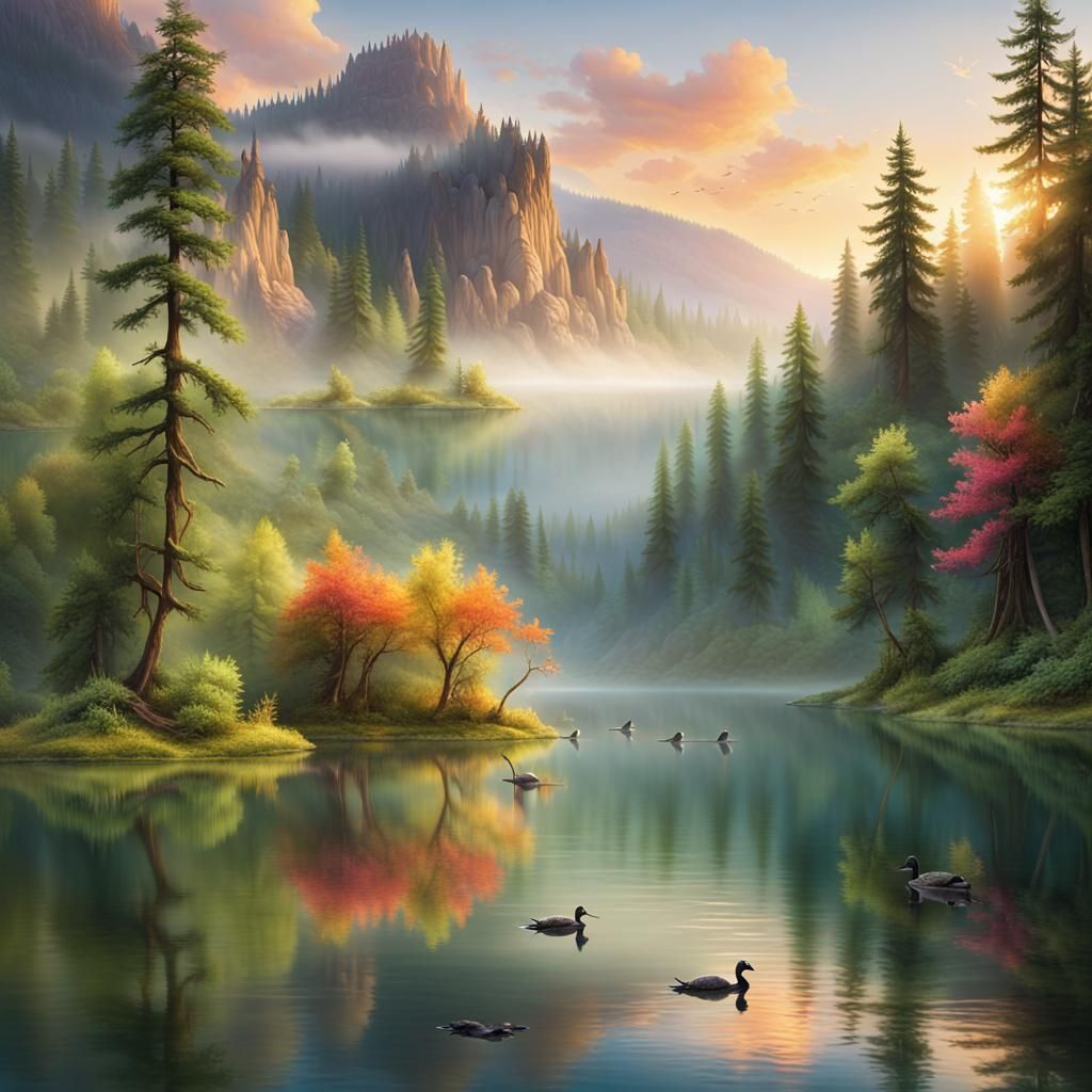 Mountain Valley Sunset Reflected on Lake