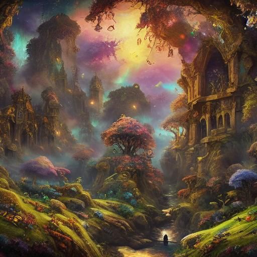 <lora:lucid dreams:1.0> jungle cliffs, mystical, glowing gem...