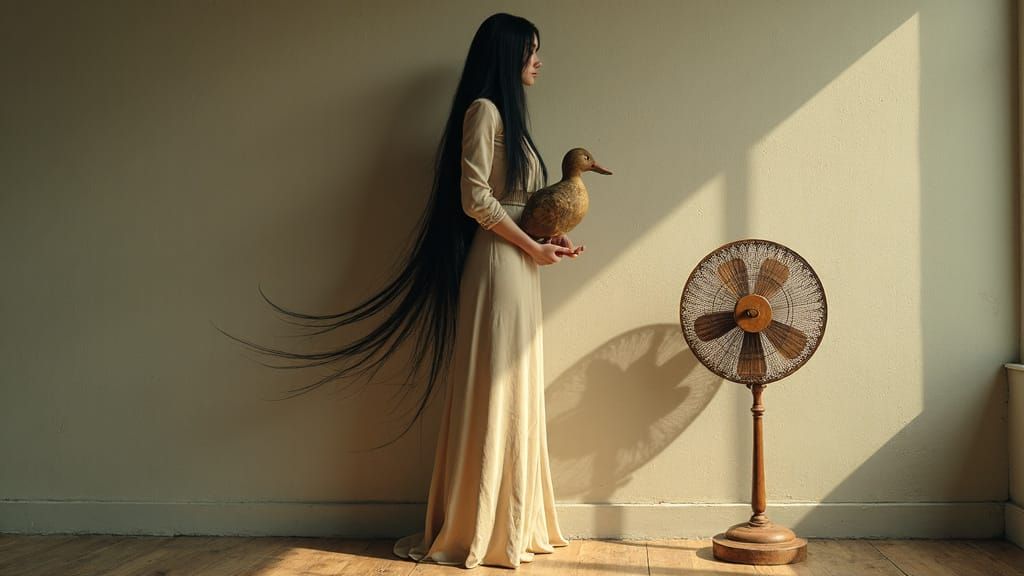 Elegant Woman with Duck Sculpture, James Jean Style