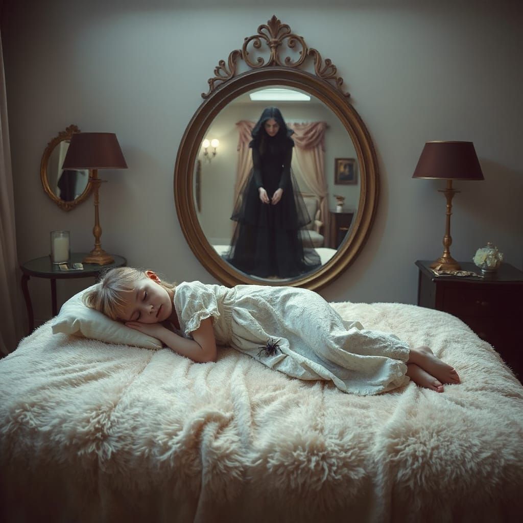 Dreamlike Reflection: Girl, Woman, and Spiders