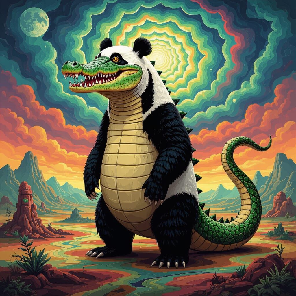 Surreal Hybrid Creature: Crocodile, Snake, Panda Fusion