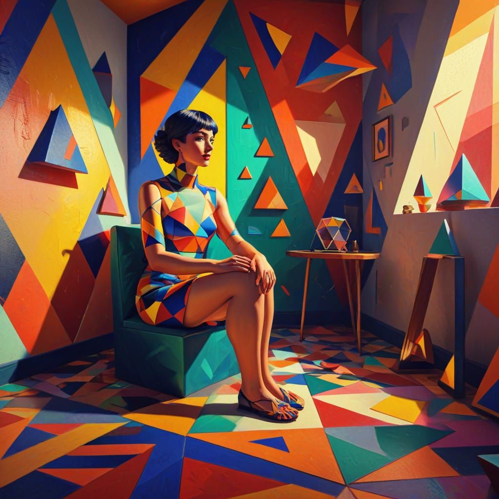 Cubist Geometric Fauvism Painting of Solitary Room