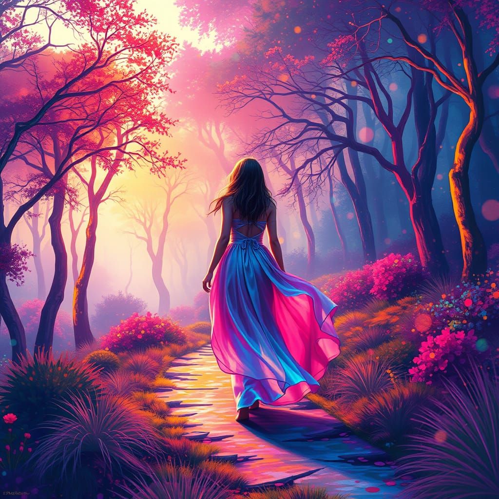 Dreamlike Landscape with Whimsical Forest and Young Woman in...