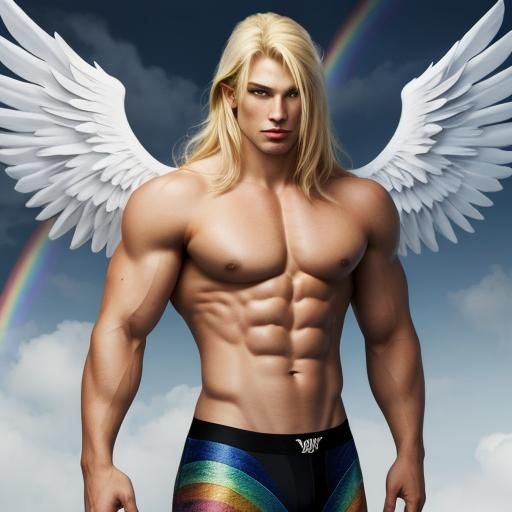 Young muscular blond man, with rainbow angel wings