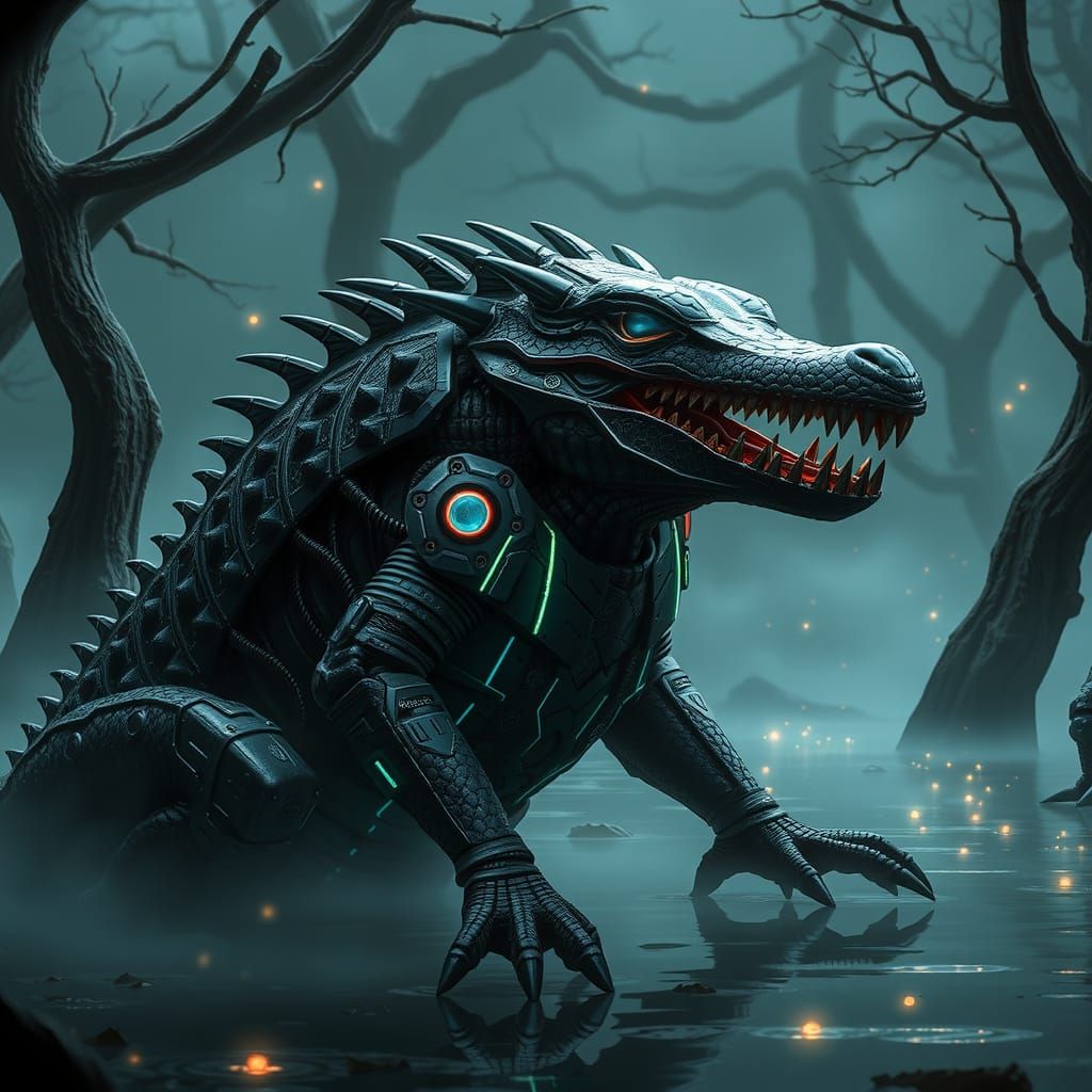 Armored Crocodile Alien in Retro-Futuristic Swamp