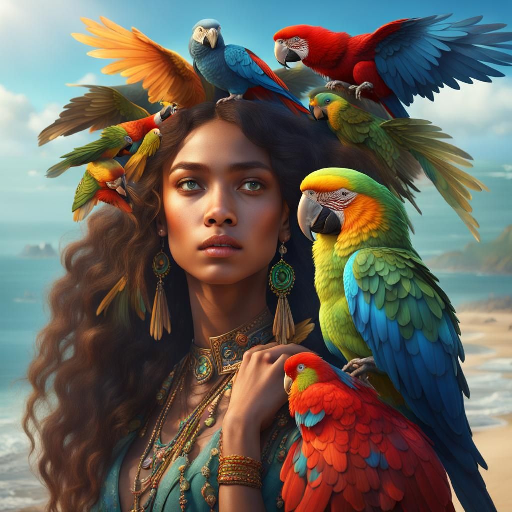 Girl with Parrots on Beach, Detailed Matte Painting