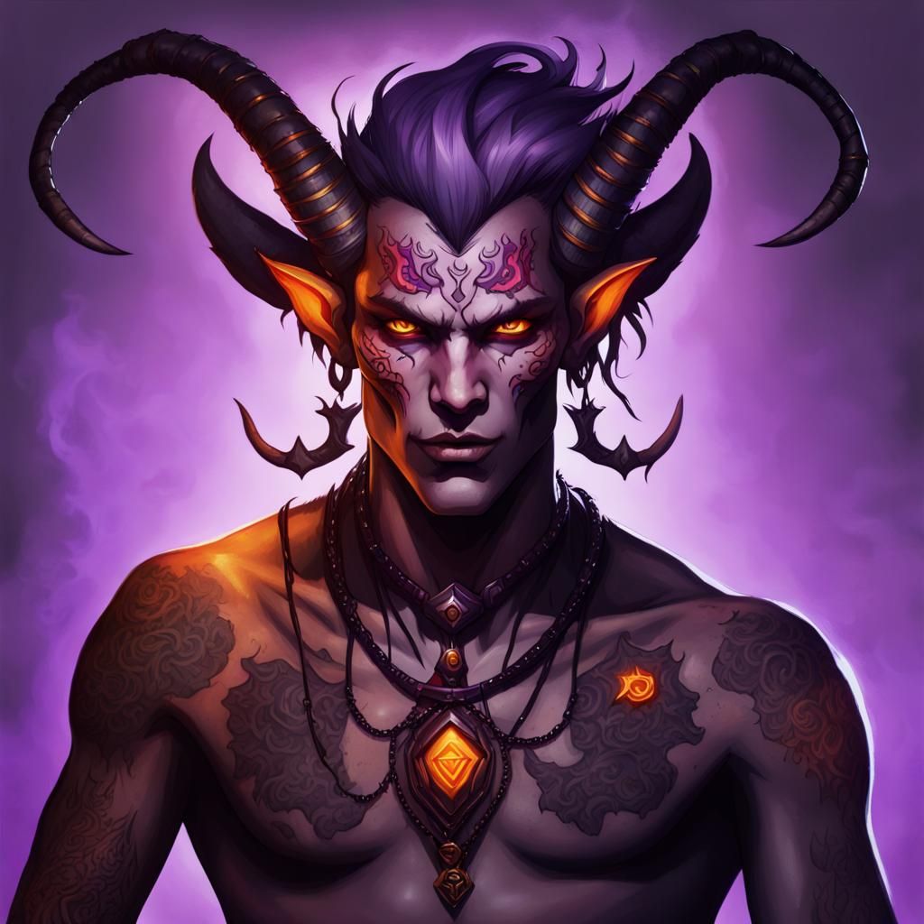 Rose-Skinned Tiefling Demon with Tattoos, Digital Art