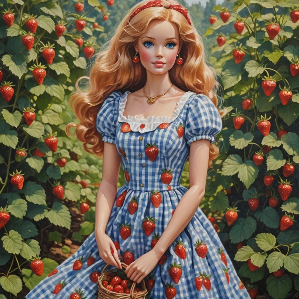 Barbie Doll in Strawberry Field, Oil Painting