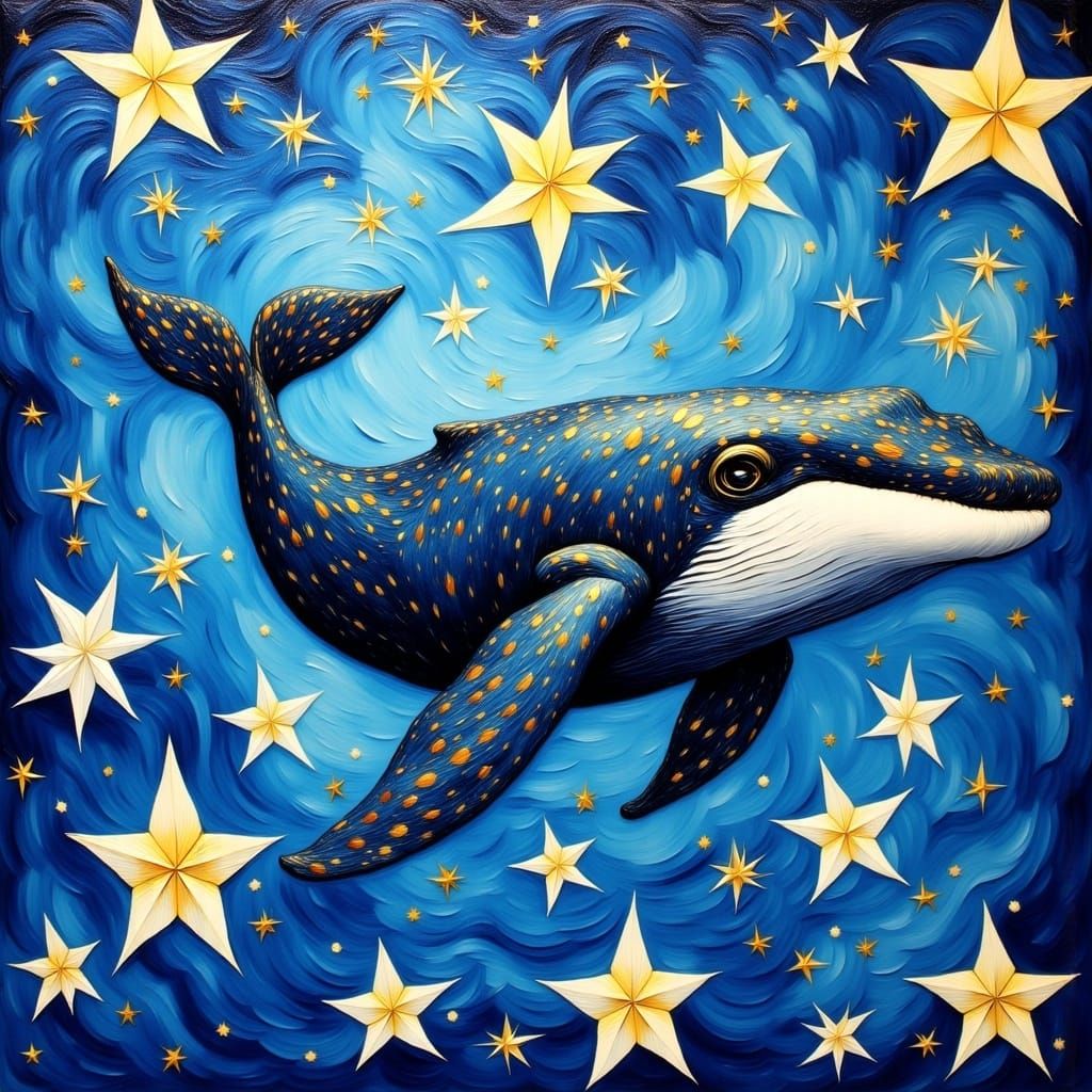 Whale in Starry Night Sky: A Van Gogh-Inspired Painting