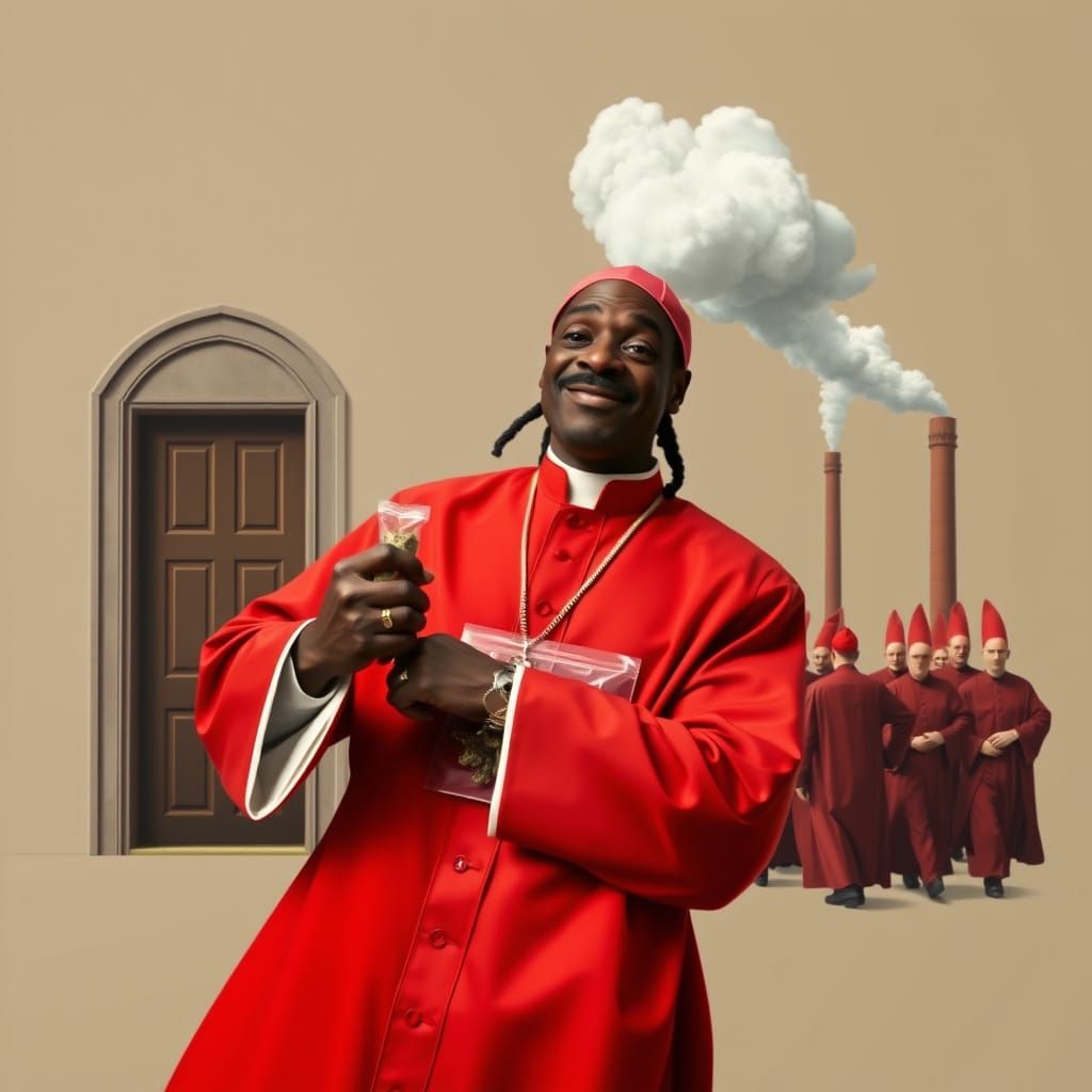 Snoop Dogg as a Humorous Cardinal in a Satirical Photorealis...