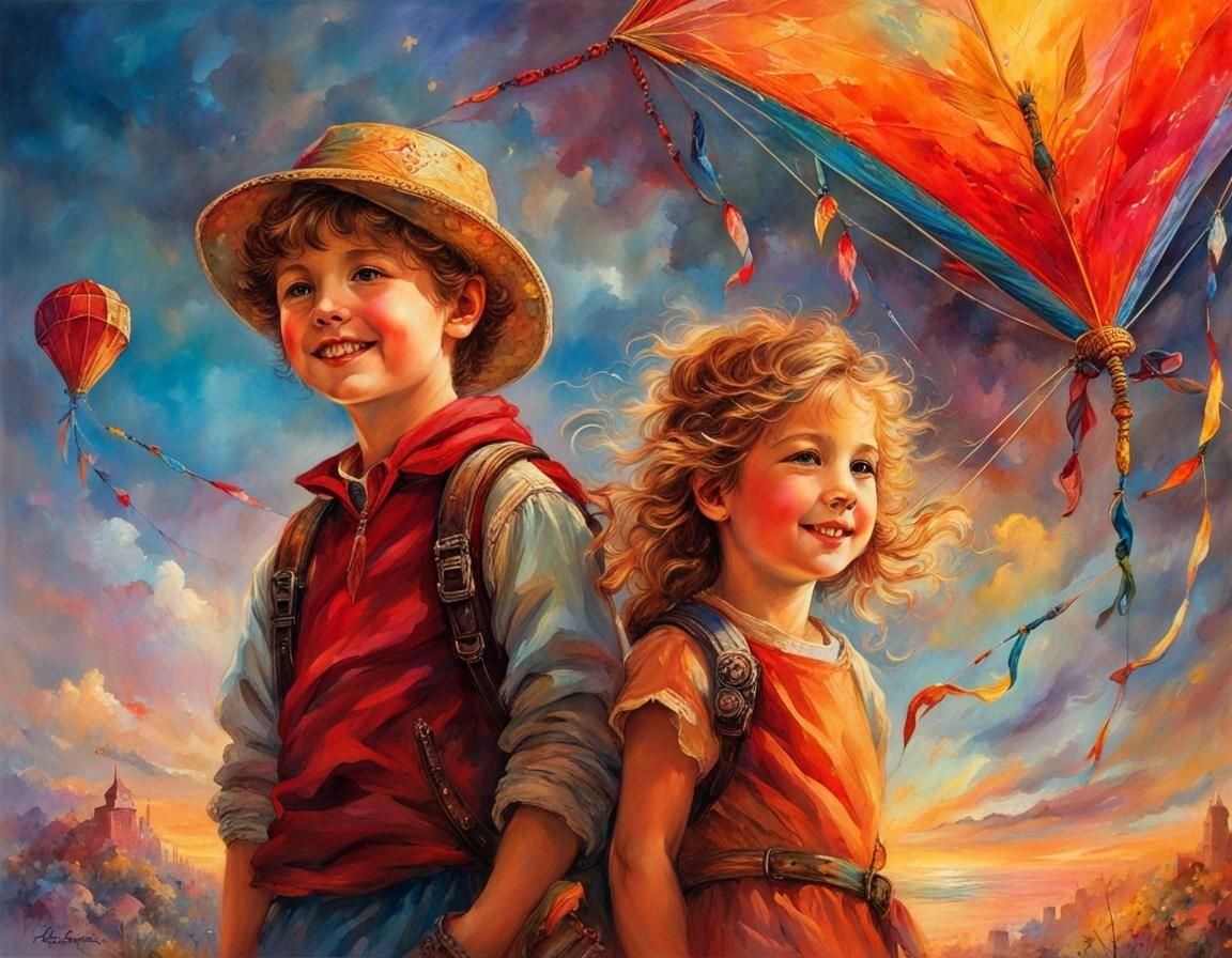 Colorful Kite Soaring at Sunrise in Watercolor Style