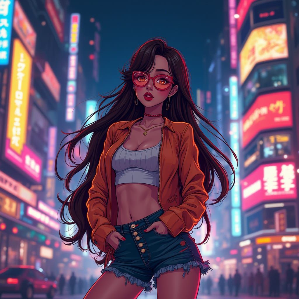 Stylish 80s Anime Model in City Night Scene