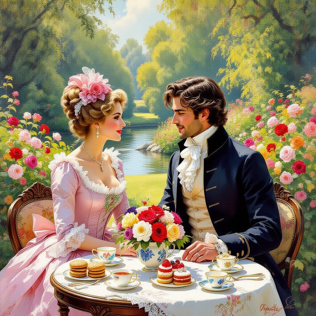 18th Century Couple at Afternoon Tea, Gouache