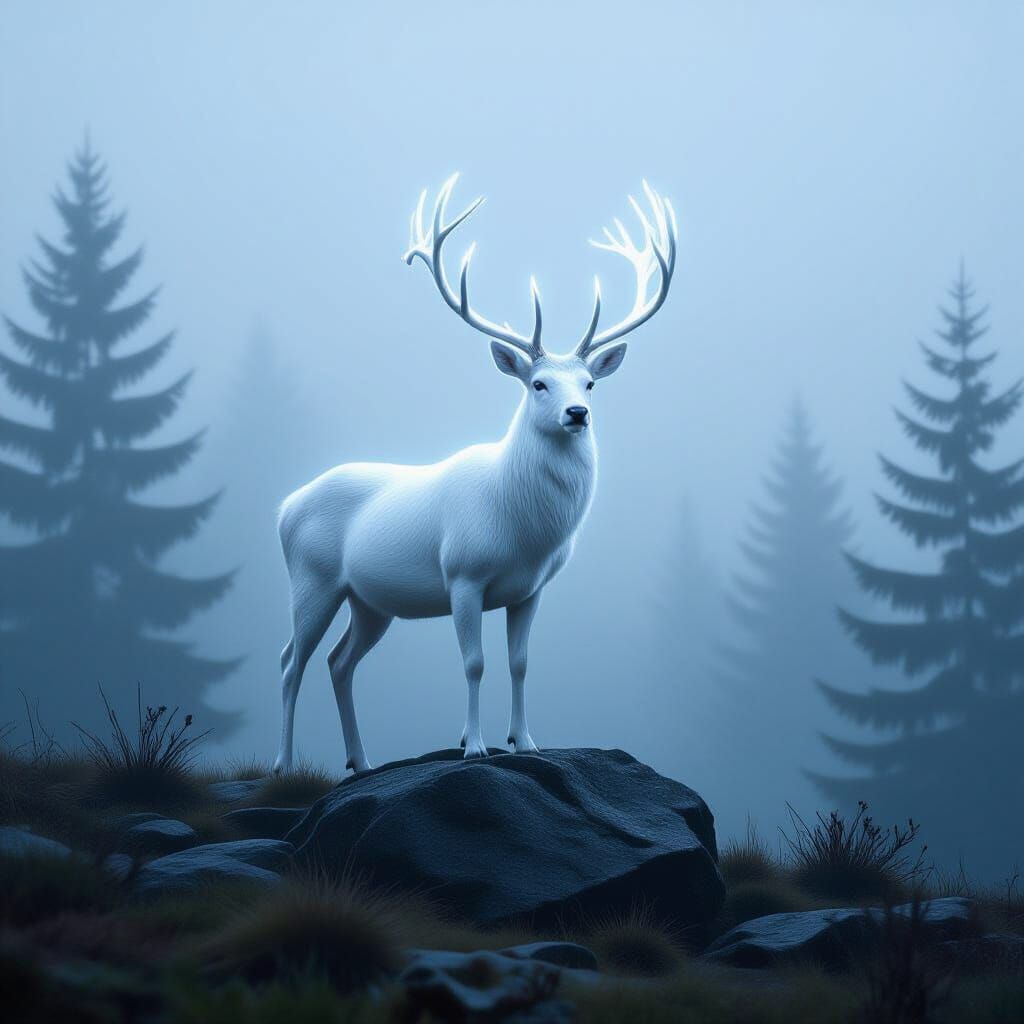 Glowing White Stag in Foggy Forest