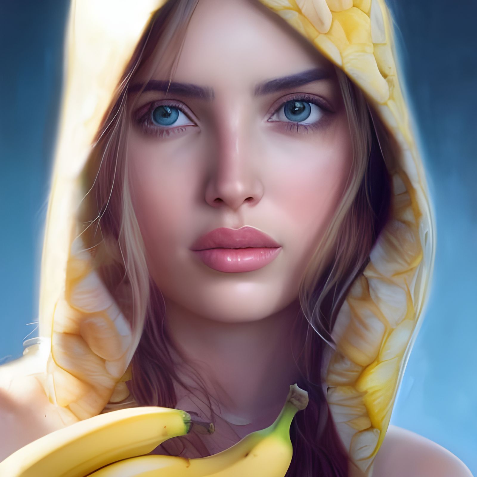 Gorgeous Woman Portrait with Banana, Hyperrealistic Style