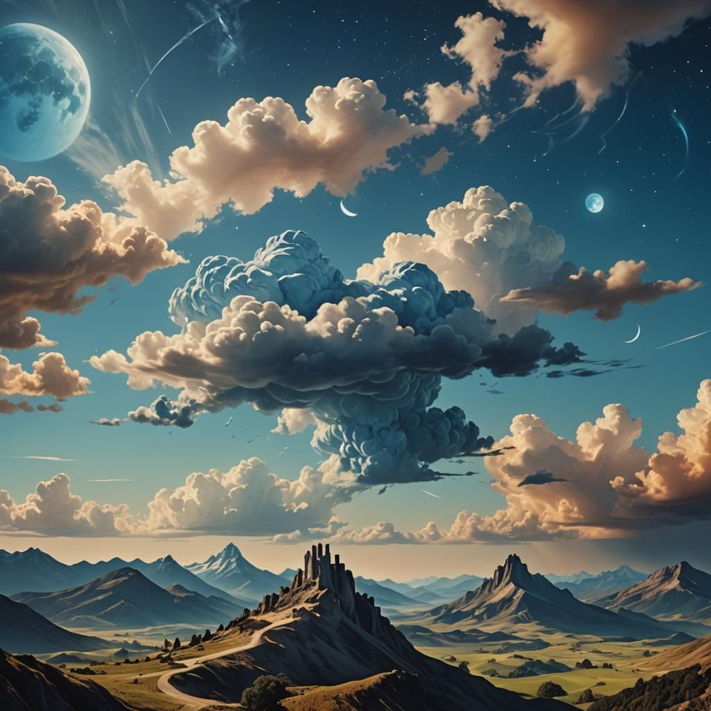 Surreal Day and Night Landscape, Dali and Magritte Style