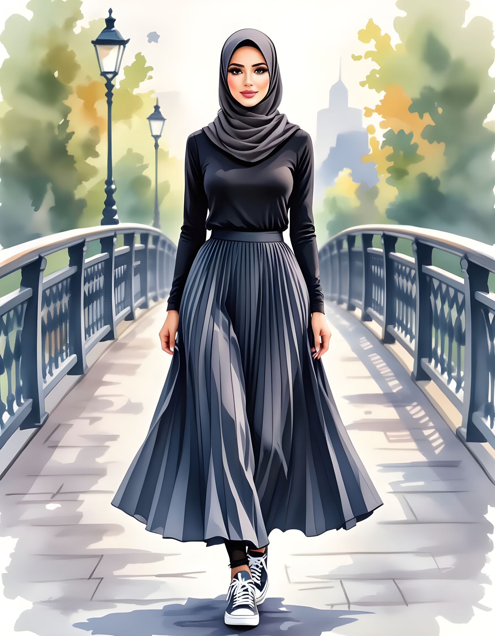 Watercolor Painting: Hijabi Woman on a Bridge