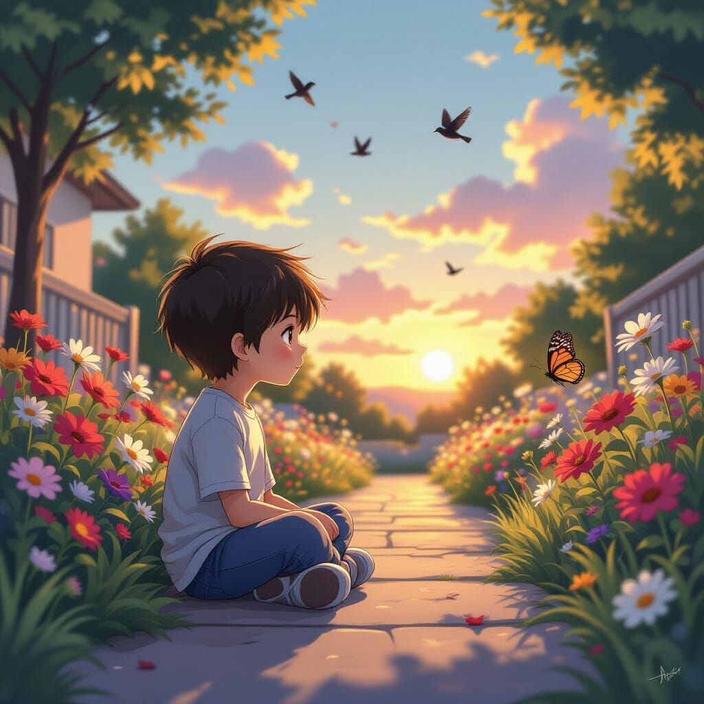 Boy in Anime Garden with Sunset Glow