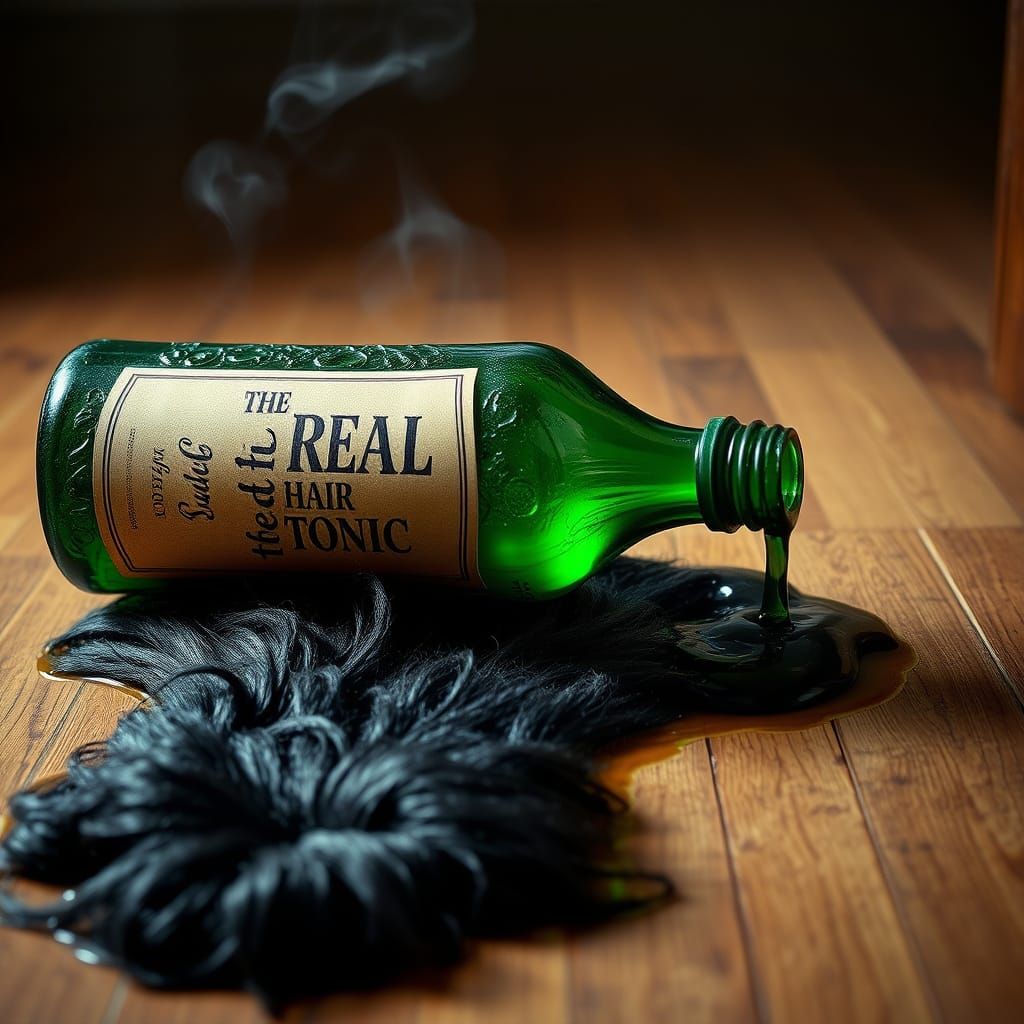 Green Bottle Hair Tonic Falls in a Whimsical Surreal Scene
